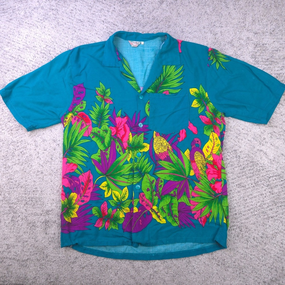 Vintage Hawaiian Shirt Mens Medium Parrot Floral Birds Teal Caribbean Surf Aloha